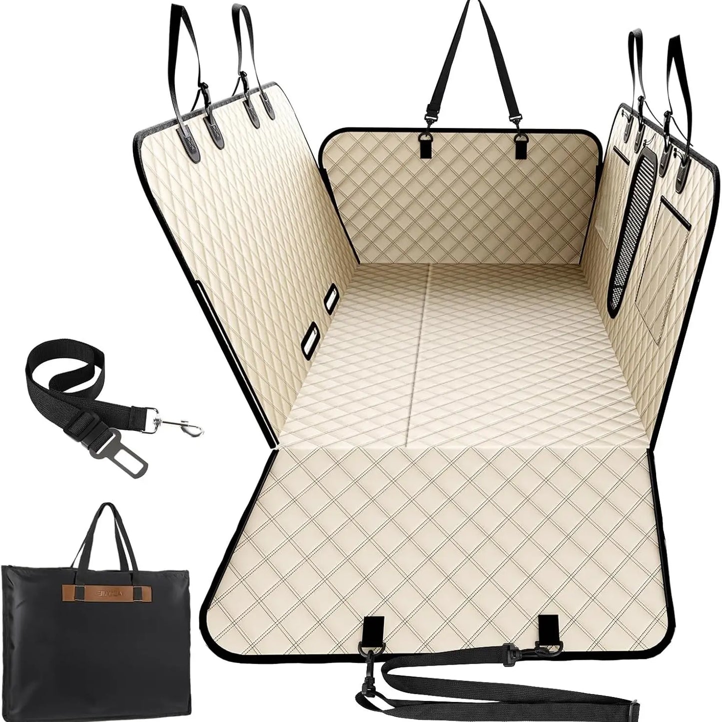 Benazcap 600D Heavy Duty Dog Car Seat Cover for Back Seat Hard Honeycomb Bottom Back Seat Extender Holds 600Lbs Waterproof Scratch Proof Nonslip Dog Hammock for Suv,Summervibes,Petlovers