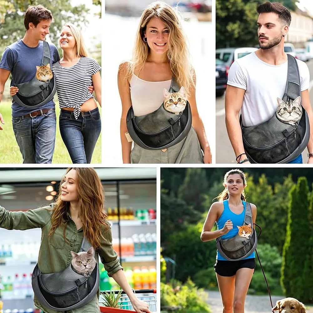 Pet Sling Carrier for Small Dogs & Cats – Hands-Free Puppy Carrier with Safety Hook, Large Zipper Pocket, Soft Breathable Mesh, Adjustable Strap,Crossbody Satchel Dog Pocket for Outdoor