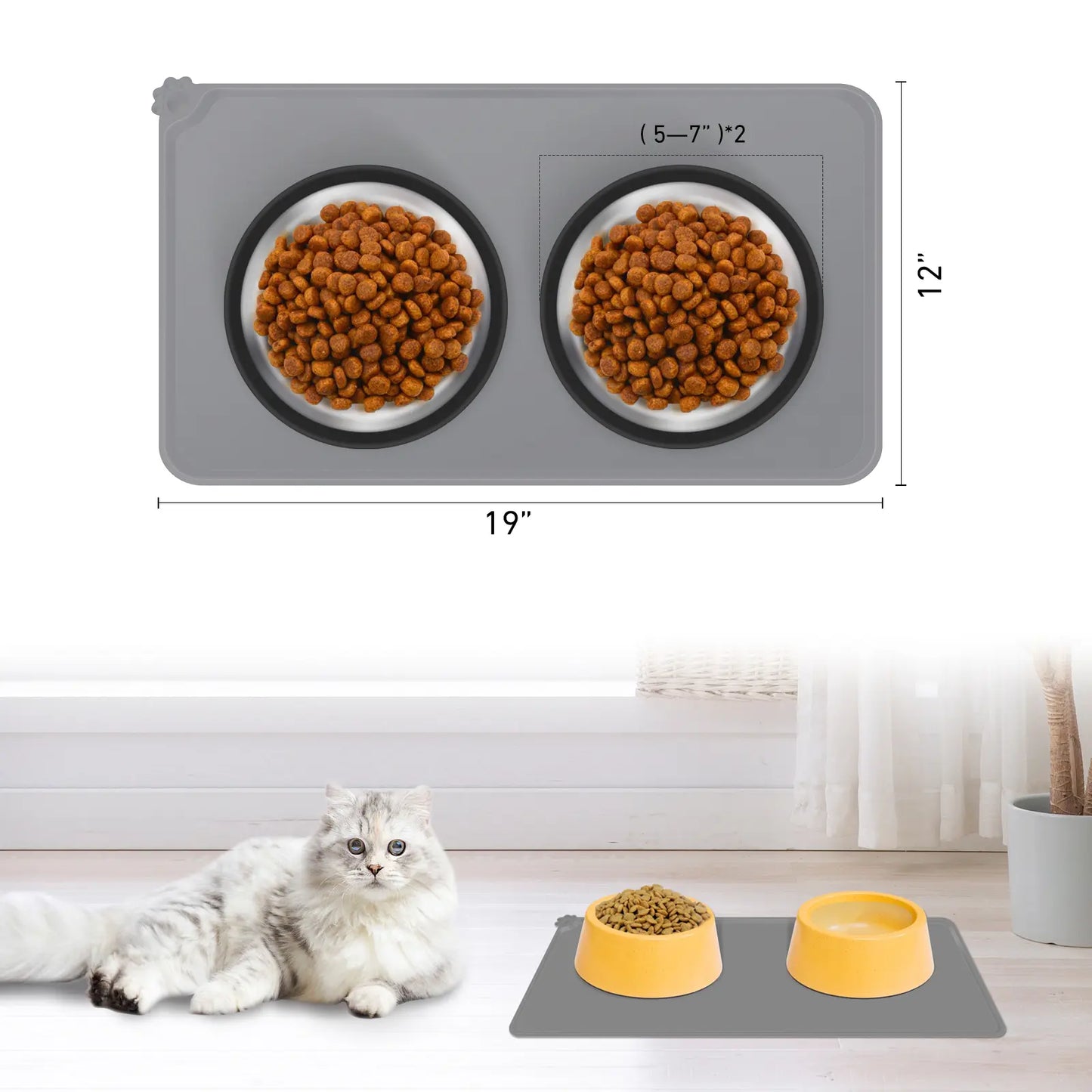 Premium Silicone Dog Food Mat,Dog Bowl Mat, Pet Food Pad- Anti-Slip Pet Food Mat for Dogs and Cats - Waterproof and Easy to Clean Gray-19 * 12IN