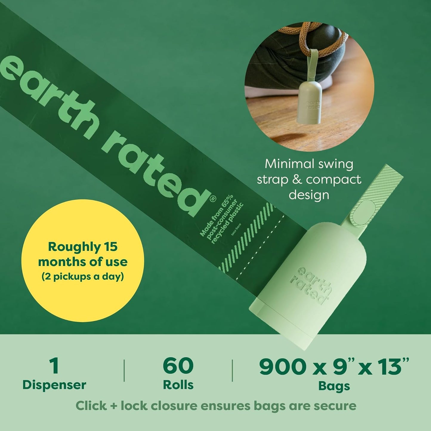 Earth Rated Dog Poop Bag Holder, 1 Dispenser and 900 Bags, Unscented | Durable and Guaranteed Leakproof Poop Bags