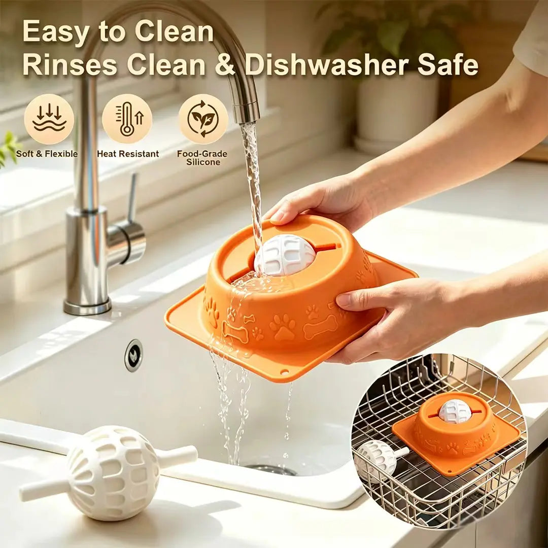 No-Spill Liquid Slow Feeder Bowl for Dogs Cats, Lick Toy with Rolling Ball Design, Calming Anxiety Relief Feeder for Bone Broth Yogurt, Anti-Slip Silicone Bowl for Small Medium Large Pets