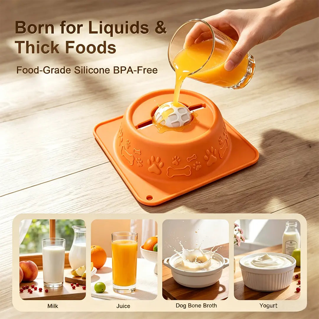 No-Spill Liquid Slow Feeder Bowl for Dogs Cats, Lick Toy with Rolling Ball Design, Calming Anxiety Relief Feeder for Bone Broth Yogurt, Anti-Slip Silicone Bowl for Small Medium Large Pets