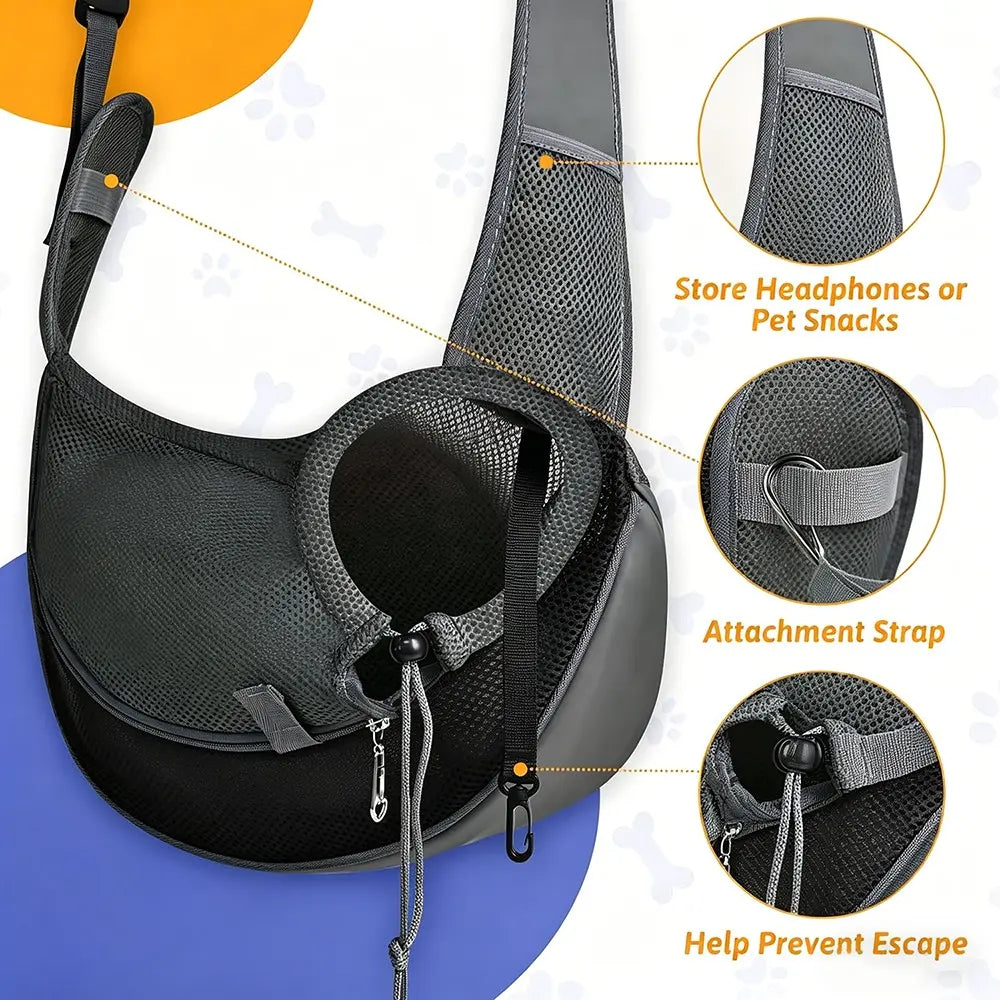 Pet Sling Carrier for Small Dogs & Cats – Hands-Free Puppy Carrier with Safety Hook, Large Zipper Pocket, Soft Breathable Mesh, Adjustable Strap，Crossbody Satchel Dog Pocket for Outdoor