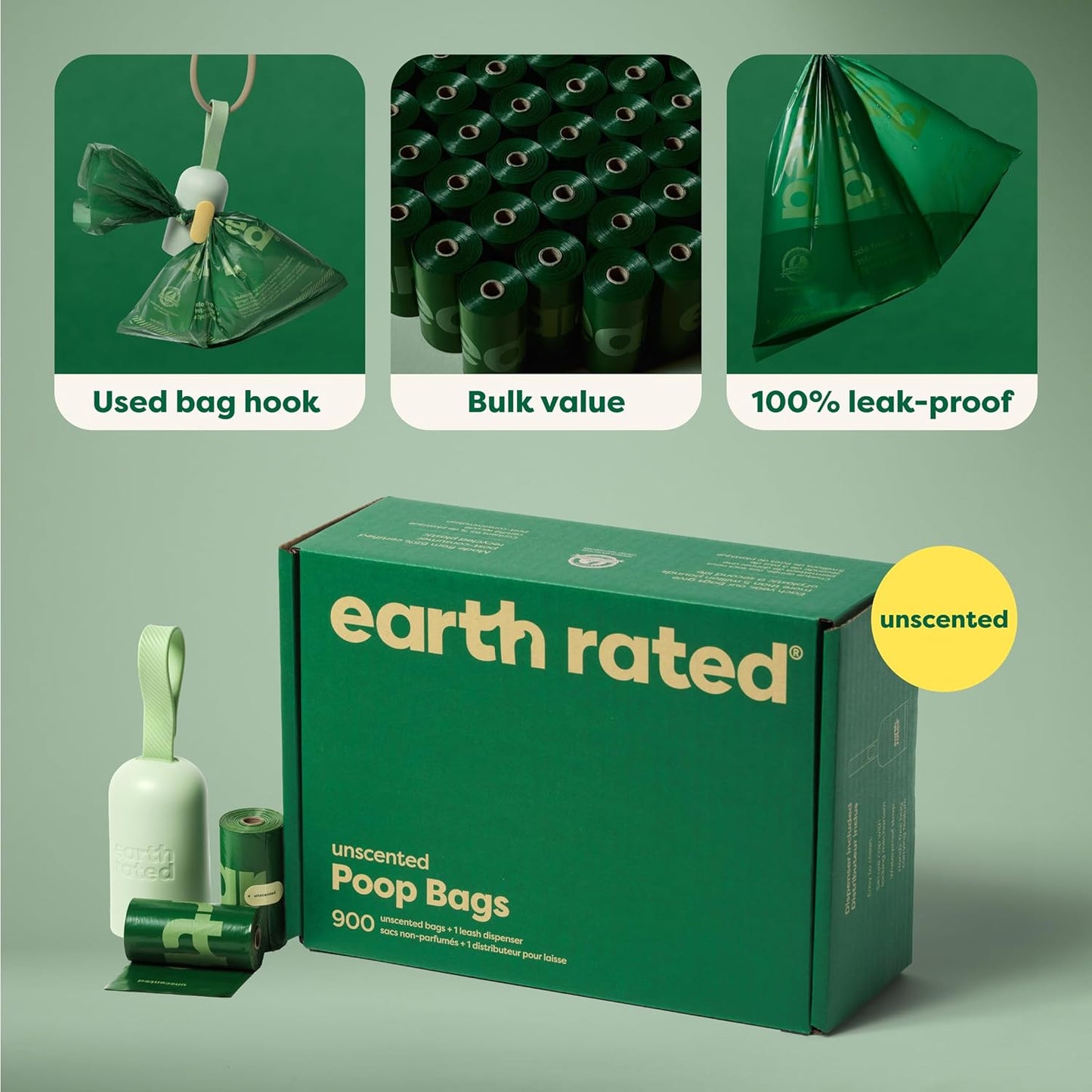 Earth Rated Dog Poop Bag Holder, 1 Dispenser and 900 Bags, Unscented | Durable and Guaranteed Leakproof Poop Bags