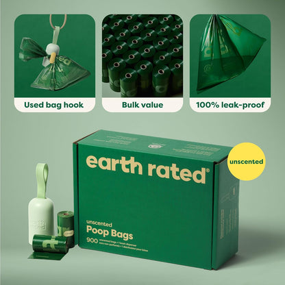 Earth Rated Dog Poop Bag Holder, 1 Dispenser and 900 Bags, Unscented | Durable and Guaranteed Leakproof Poop Bags
