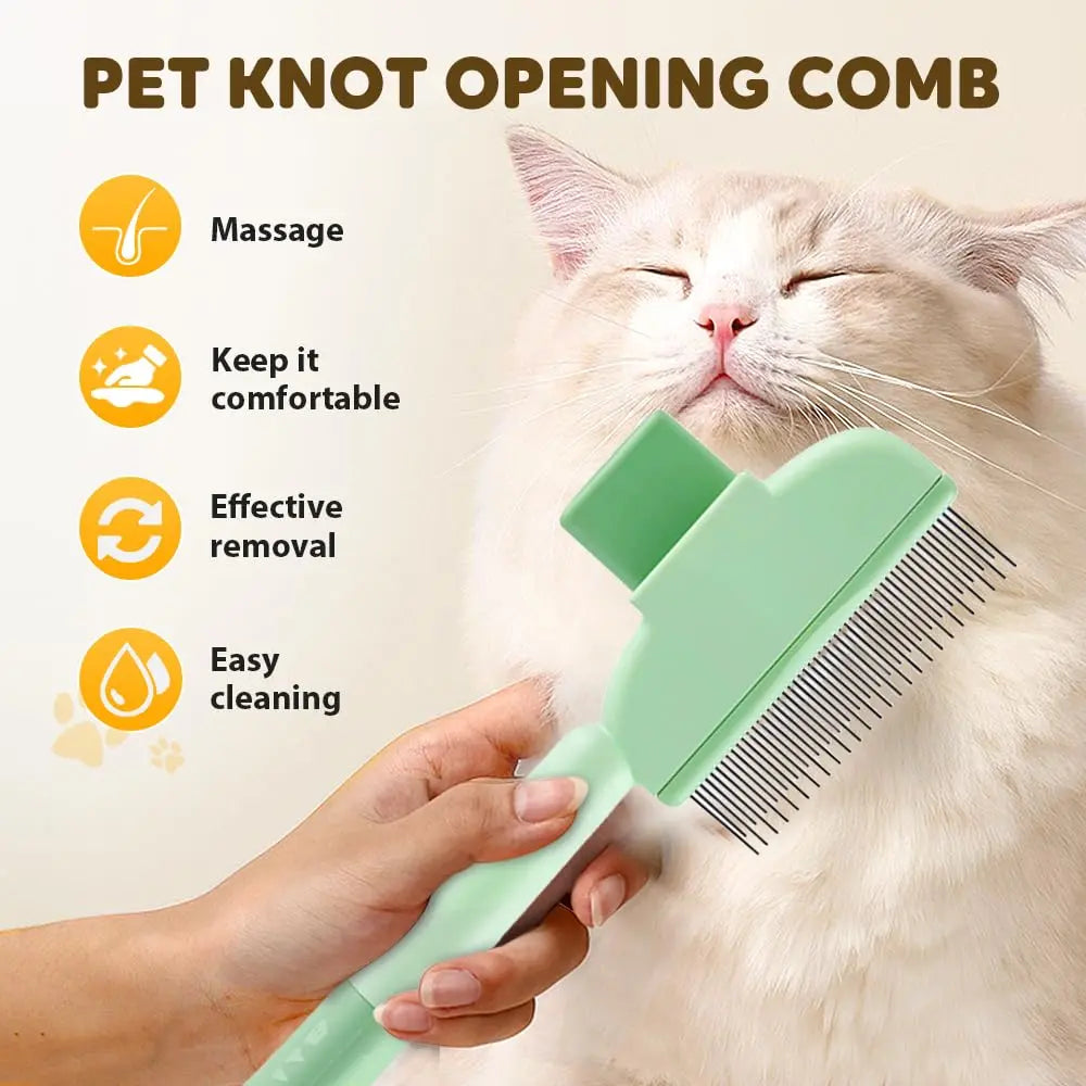 Pet Hair Removal Comb with Release Button for Cats and Dogs, De-Shedding Brush with Long & Short Stainless Steel Teeth for Efficient Hair Removal