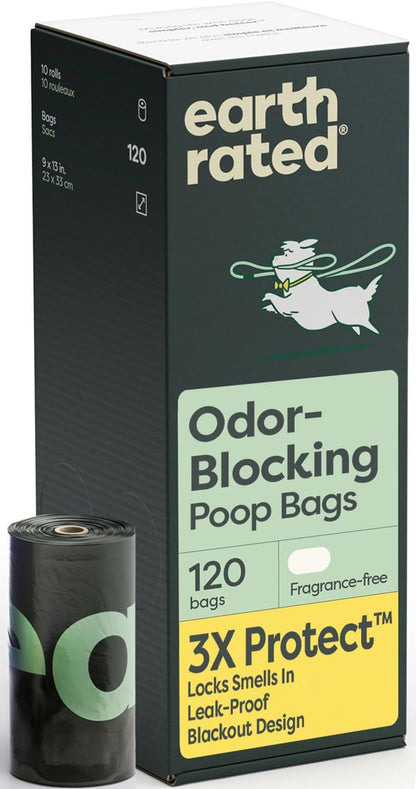 Earth Rated 3X Protect Dog Poop Bag Rolls, Odor Blocking, Unscented, 240 Ct | Leak Proof Extra Thick