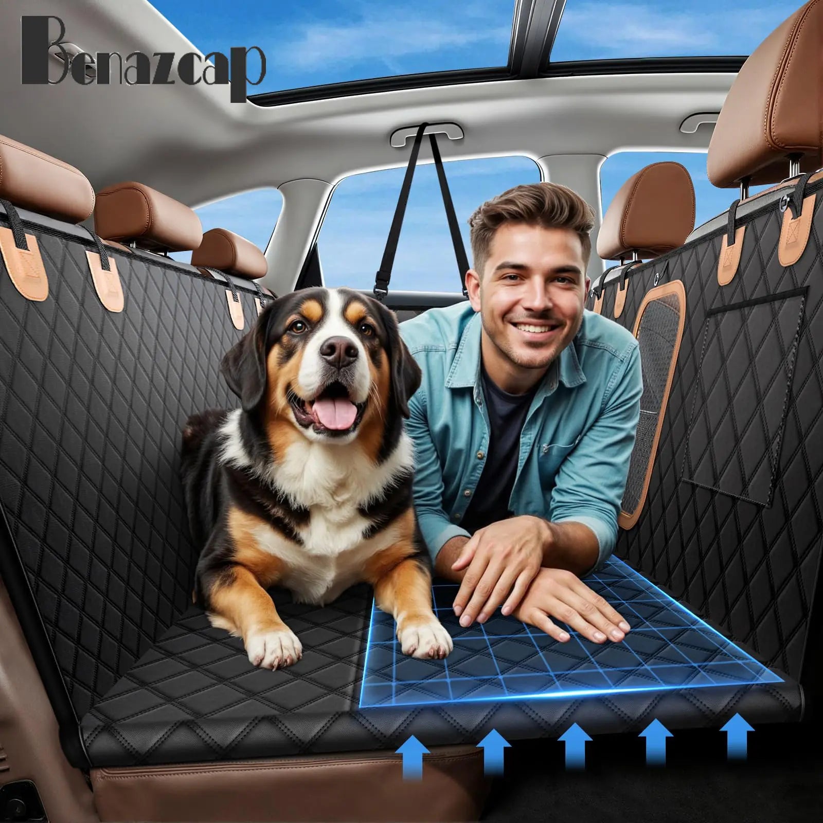 Benazcap 600D Heavy Duty Dog Car Seat Cover for Back Seat Hard Honeycomb Bottom Back Seat Extender Holds 600Lbs Waterproof Scratch Proof Nonslip Dog Hammock for Suv,Summervibes,Petlovers