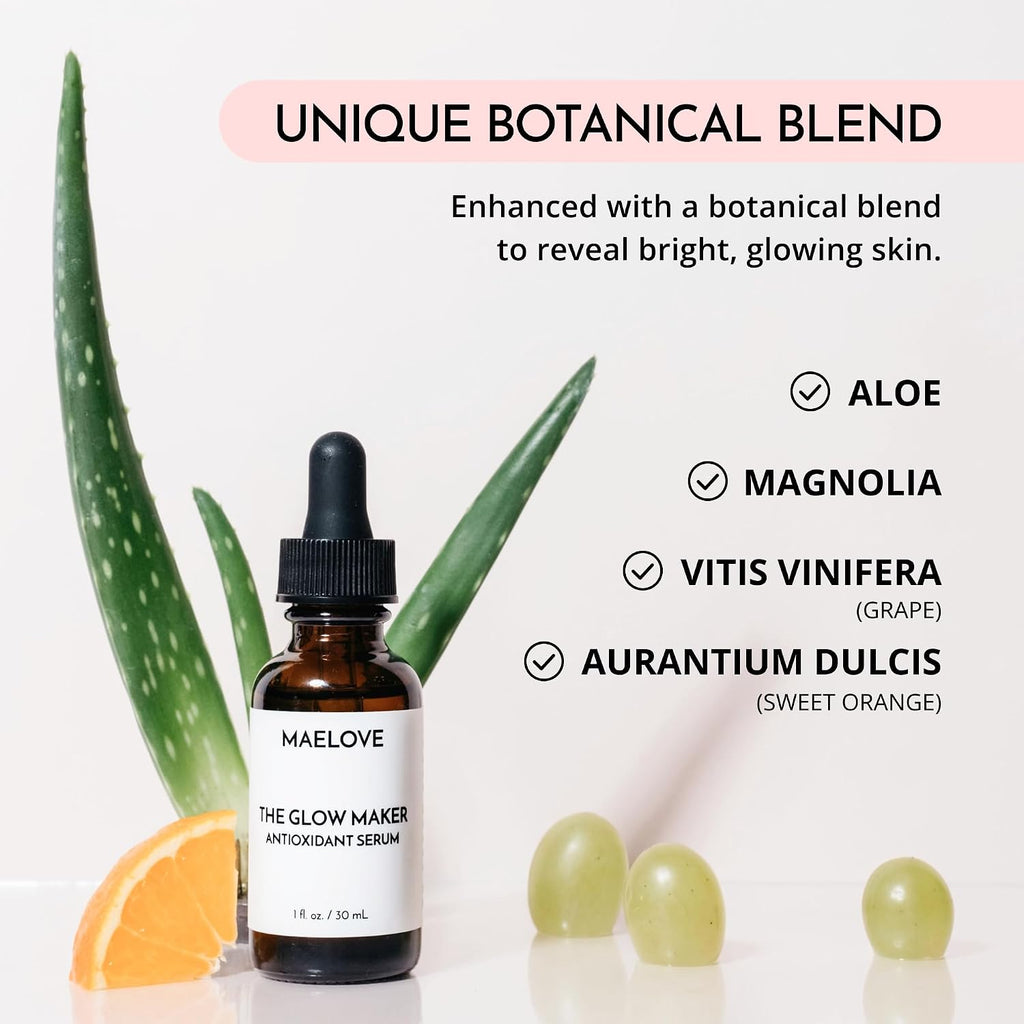 MAELOVE Glow Maker Vitamin C Serum with Vitamin E, Ferulic Acid & Hyaluronic Acid, Award-Winning Brightening and Hydrating Facial Serum, Unscented, 1.0 Fl Oz