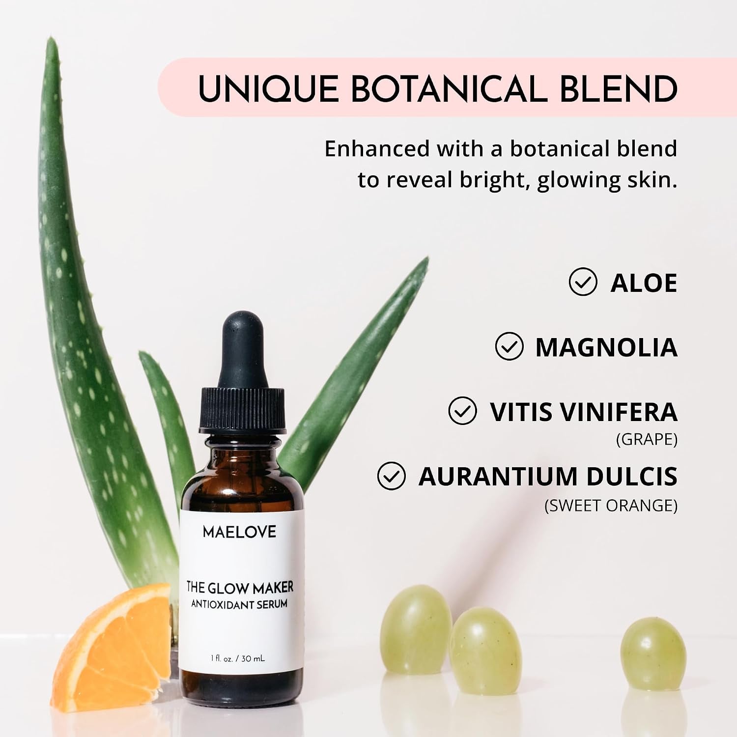MAELOVE Glow Maker Vitamin C Serum with Vitamin E, Ferulic Acid & Hyaluronic Acid, Award-Winning Brightening and Hydrating Facial Serum, Unscented, 1.0 Fl Oz
