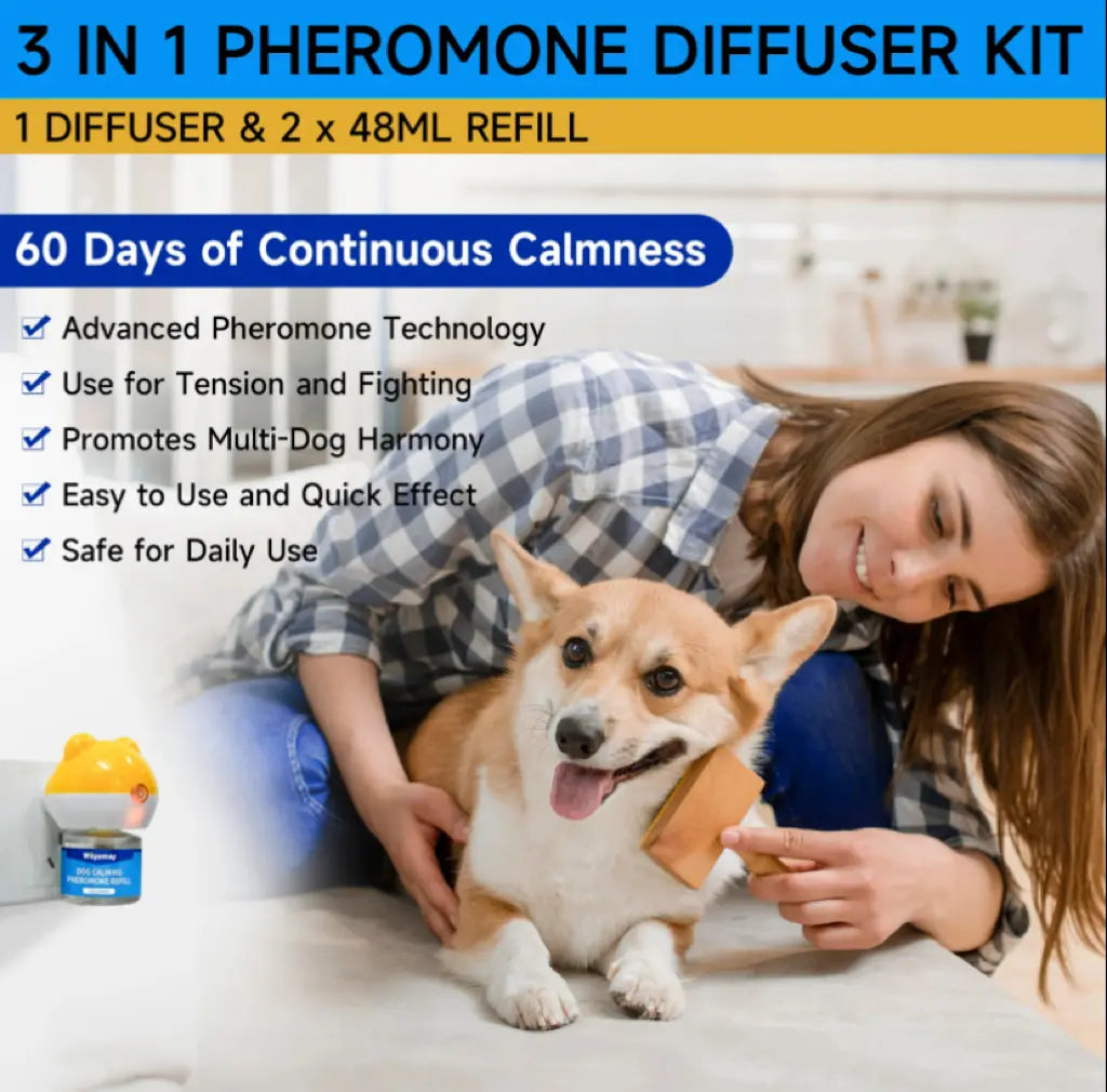 2-Pack, Dog Calming Diffuser Refill Kit (60-Day Supply) Combination Set 3In1 Dog Pheromone Refills - Helps with Stress, Separation, Pee Accidents, Barking, & Destructive Behaviors.