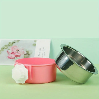 2 Pieces Removable Stainless Steel Crate Dog Bowl for Pet Kennel Hanging Food Water Feeder Bowl Cage Coop Cup in Blue & Pink for Puppy Medium Dog Cat Rabbit Ferret Bird