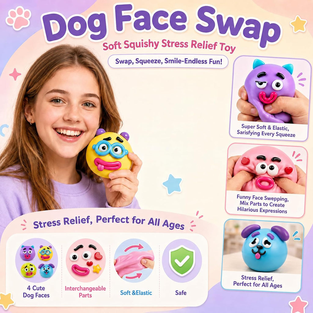 New Dog Face Swap Squishy Cute Slow Rise Relaxing Sensory Fidget Relief for Adults Anxiety Relief, Portable Desktop Decompression Stress Squeeze Ball (Yellow)