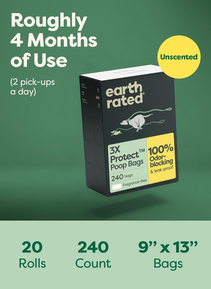 Earth Rated 3X Protect Dog Poop Bag Rolls, Odor Blocking, Unscented, 240 Ct | Leak Proof Extra Thick