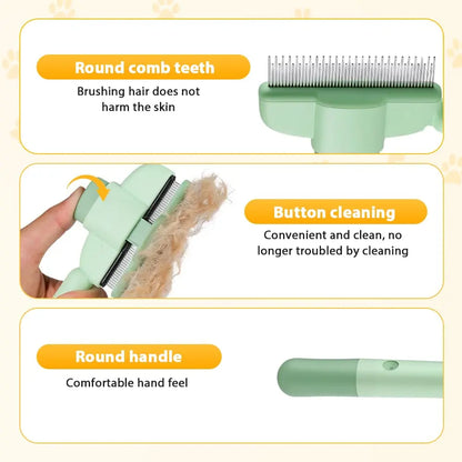 Pet Hair Removal Comb with Release Button for Cats and Dogs, De-Shedding Brush with Long & Short Stainless Steel Teeth for Efficient Hair Removal