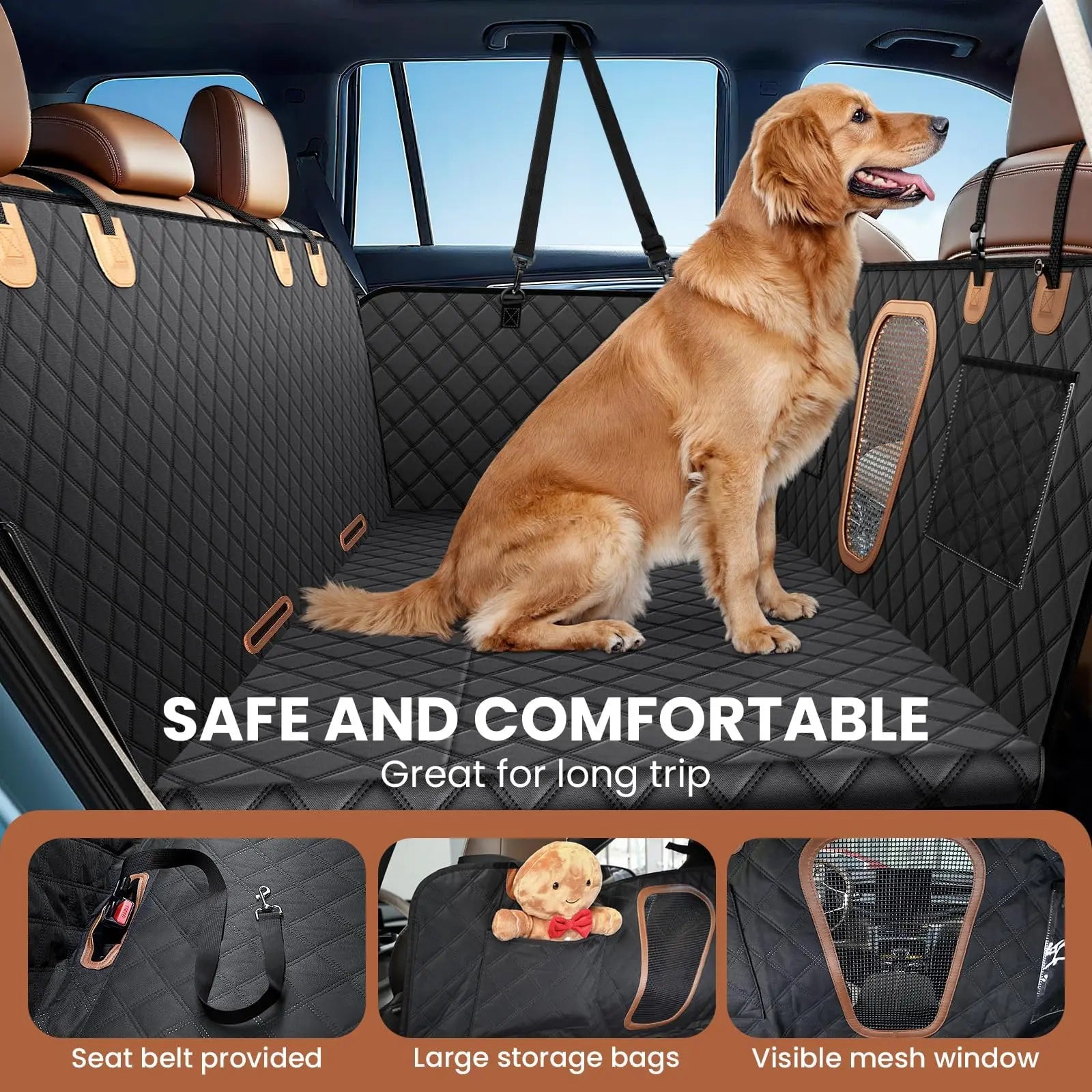 Benazcap 600D Heavy Duty Dog Car Seat Cover for Back Seat Hard Honeycomb Bottom Back Seat Extender Holds 600Lbs Waterproof Scratch Proof Nonslip Dog Hammock for Suv,Summervibes,Petlovers