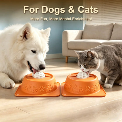 No-Spill Liquid Slow Feeder Bowl for Dogs Cats, Lick Toy with Rolling Ball Design, Calming Anxiety Relief Feeder for Bone Broth Yogurt, Anti-Slip Silicone Bowl for Small Medium Large Pets