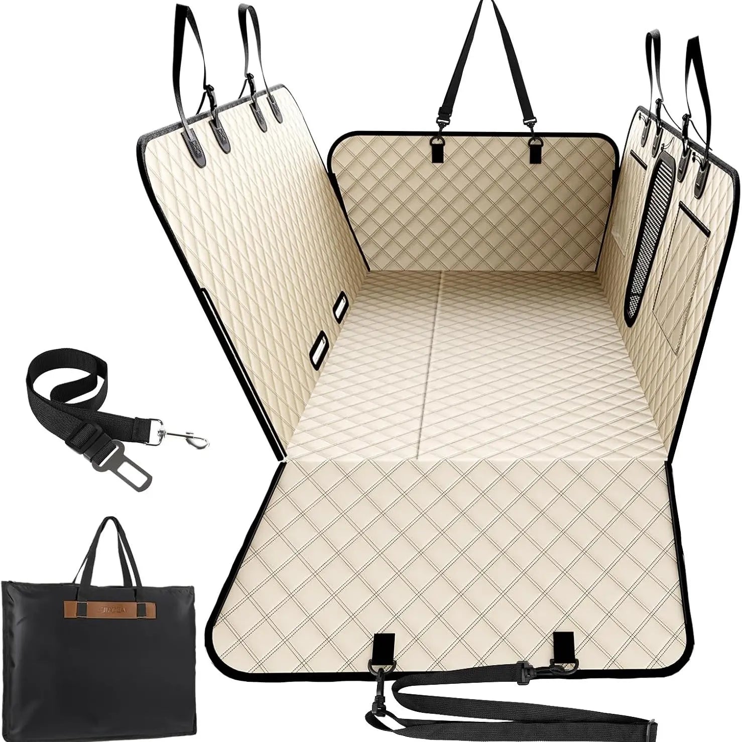 Benazcap 600D Heavy Duty Dog Car Seat Cover for Back Seat Hard Honeycomb Bottom Back Seat Extender Holds 600Lbs Waterproof Scratch Proof Nonslip Dog Hammock for Suv,Summervibes,Petlovers