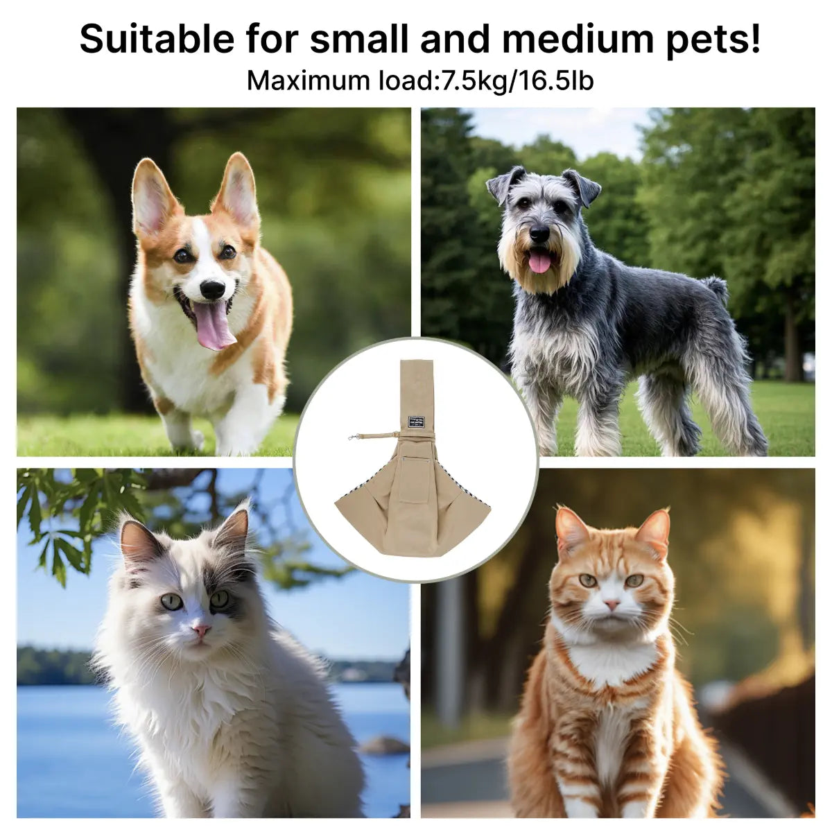 Dog & Cat Sling Carrier for Small and Medium Pets up to 16.5 Lbs with Snap Safety Hook for Pets for Travel, Shopping and Outdoor Activities