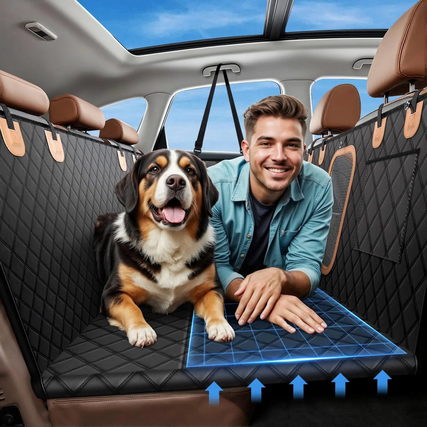 Benazcap 600D Heavy Duty Dog Car Seat Cover for Back Seat Hard Honeycomb Bottom Back Seat Extender Holds 600Lbs Waterproof Scratch Proof Nonslip Dog Hammock for Suv,Summervibes,Petlovers