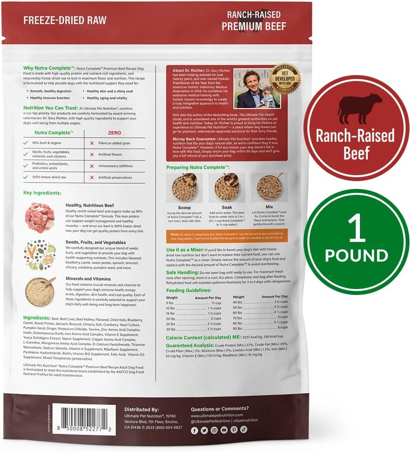 ULTIMATE PET NUTRITION Nutra Complete, 100% Freeze Dried Raw Veterinarian Formulated Dog Food with Antioxidants Prebiotics and Amino Acids (1 Pound, Beef)