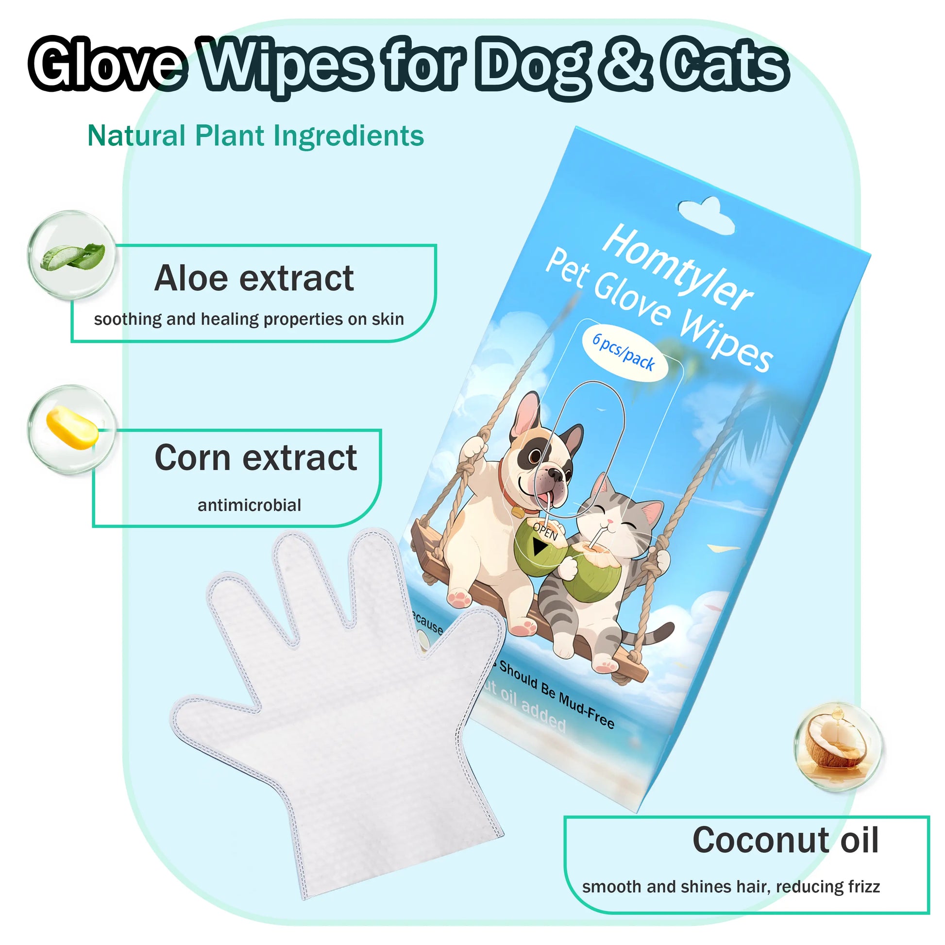 Homtyler Pet Cleaning Glove Wipes, Rinse Free Dog Grooming Gloves for after Walk, Disposable Cat Wipes for Paws, Natural Ingredient Hypoallergenic, 6Pcs/18Pcs/24Pcs Pet Wipes