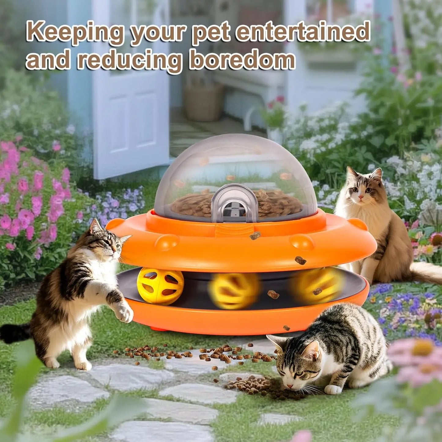 Fanosy Interactive Cat Feeder - Auto Treat Dispenser Toy with Bell Ball Track & Adjustable Portals | Slow Eating Electric Automatic Puzzle Toy for Indoor Cats | USB-C Rechargeable 1800Mah