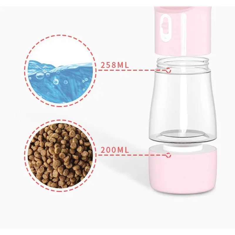 Traveling Out Portable Dog Walk Water Dispenser with 258Ml Capacity & 200G Pet Water and Food Dispenser Water Bottle with Accessories Easy-To-Use Segmented Design for Outdoor Walking Hiking and Travel