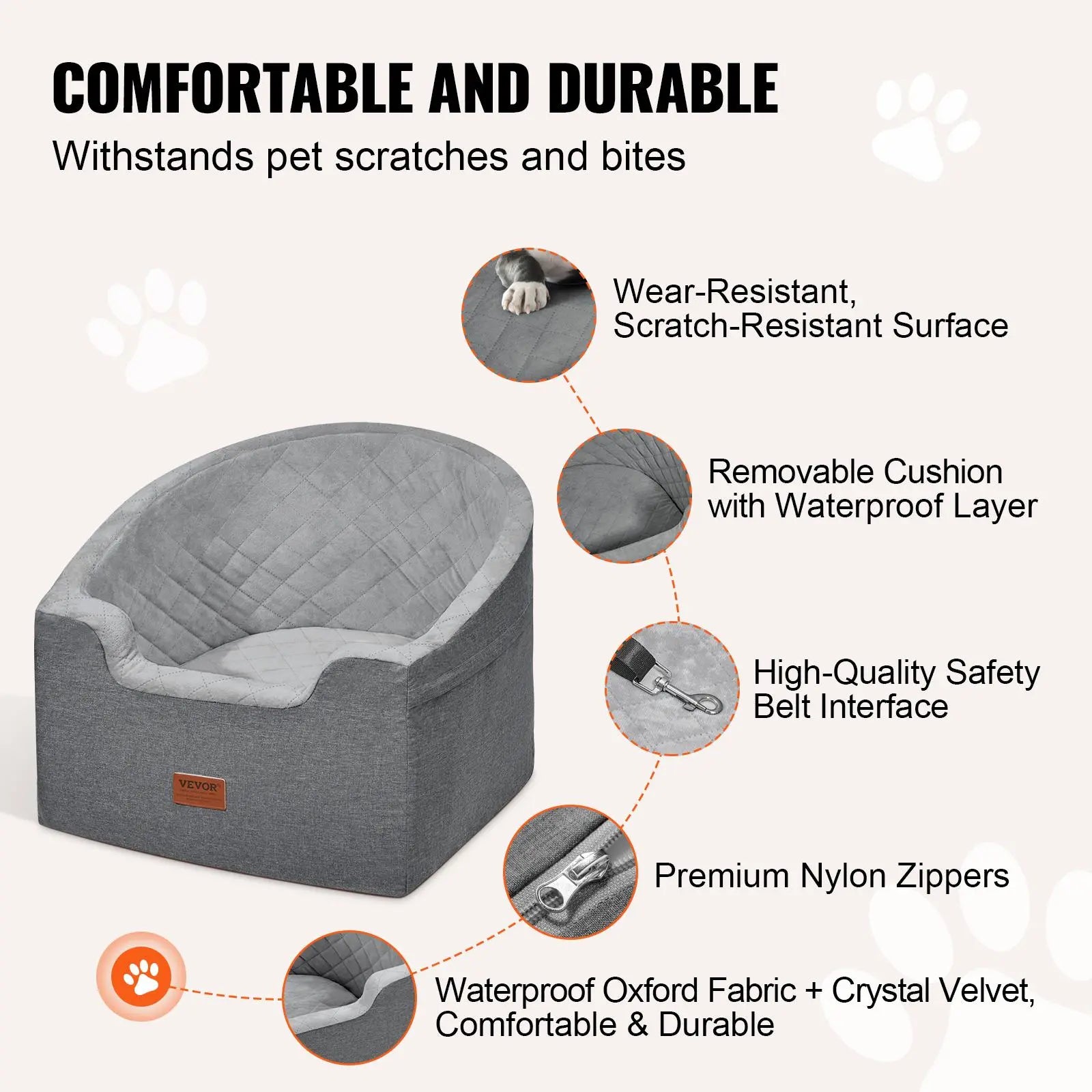 VEVOR Dog Car Seat, Waterproof Dog Booster Seat for Car with a Storage Pocket, Clip-On Safety Leash and Sponge Filling, Dog Car Bed for Small & Medium Dog up to 55Lbs, Gray