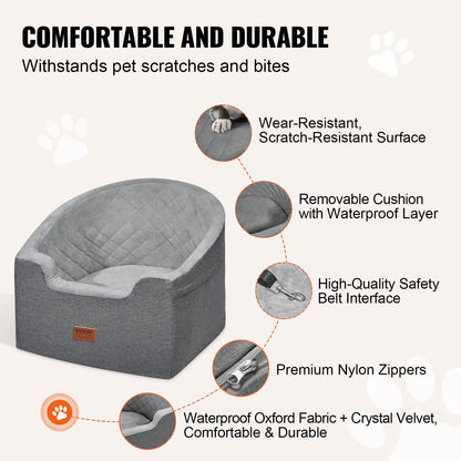 VEVOR Dog Car Seat, Waterproof Dog Booster Seat for Car with a Storage Pocket, Clip-On Safety Leash and Sponge Filling, Dog Car Bed for Small & Medium Dog up to 55Lbs, Gray