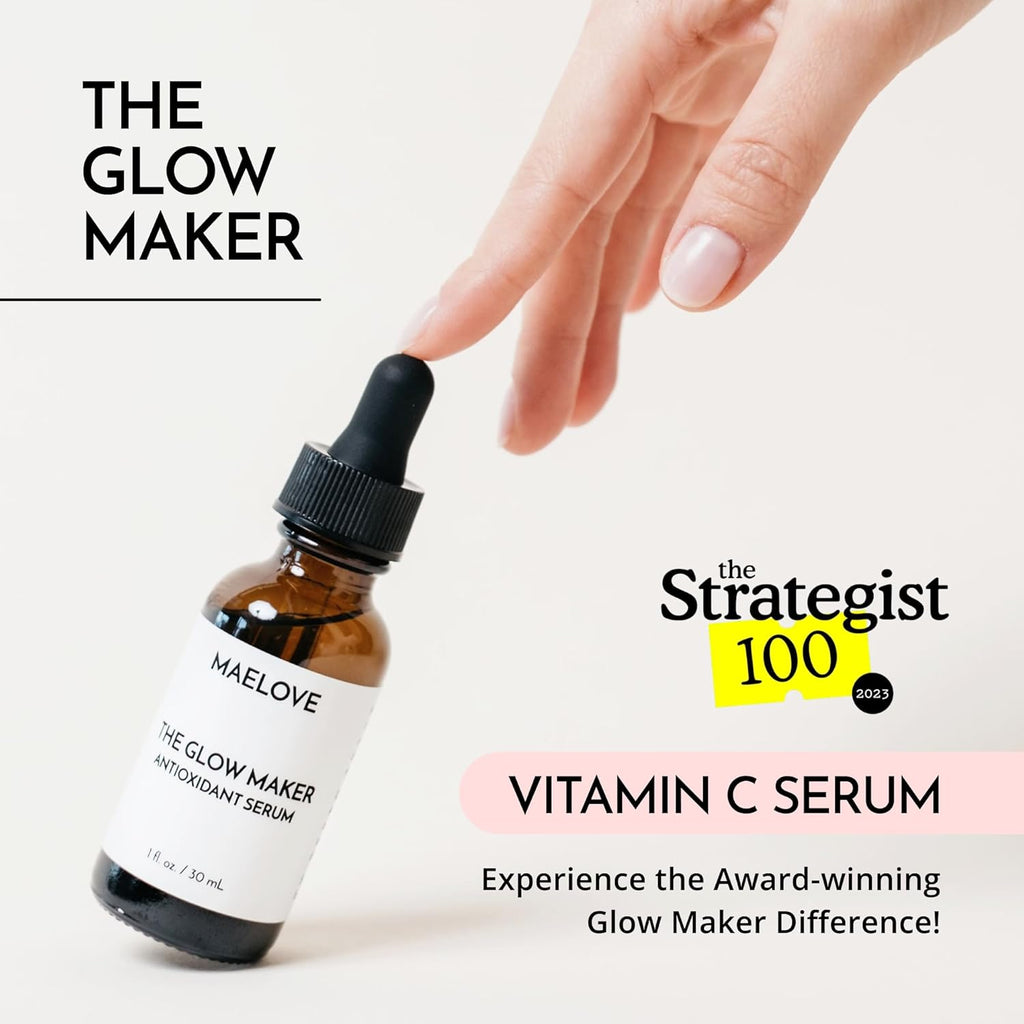 MAELOVE Glow Maker Vitamin C Serum with Vitamin E, Ferulic Acid & Hyaluronic Acid, Award-Winning Brightening and Hydrating Facial Serum, Unscented, 1.0 Fl Oz