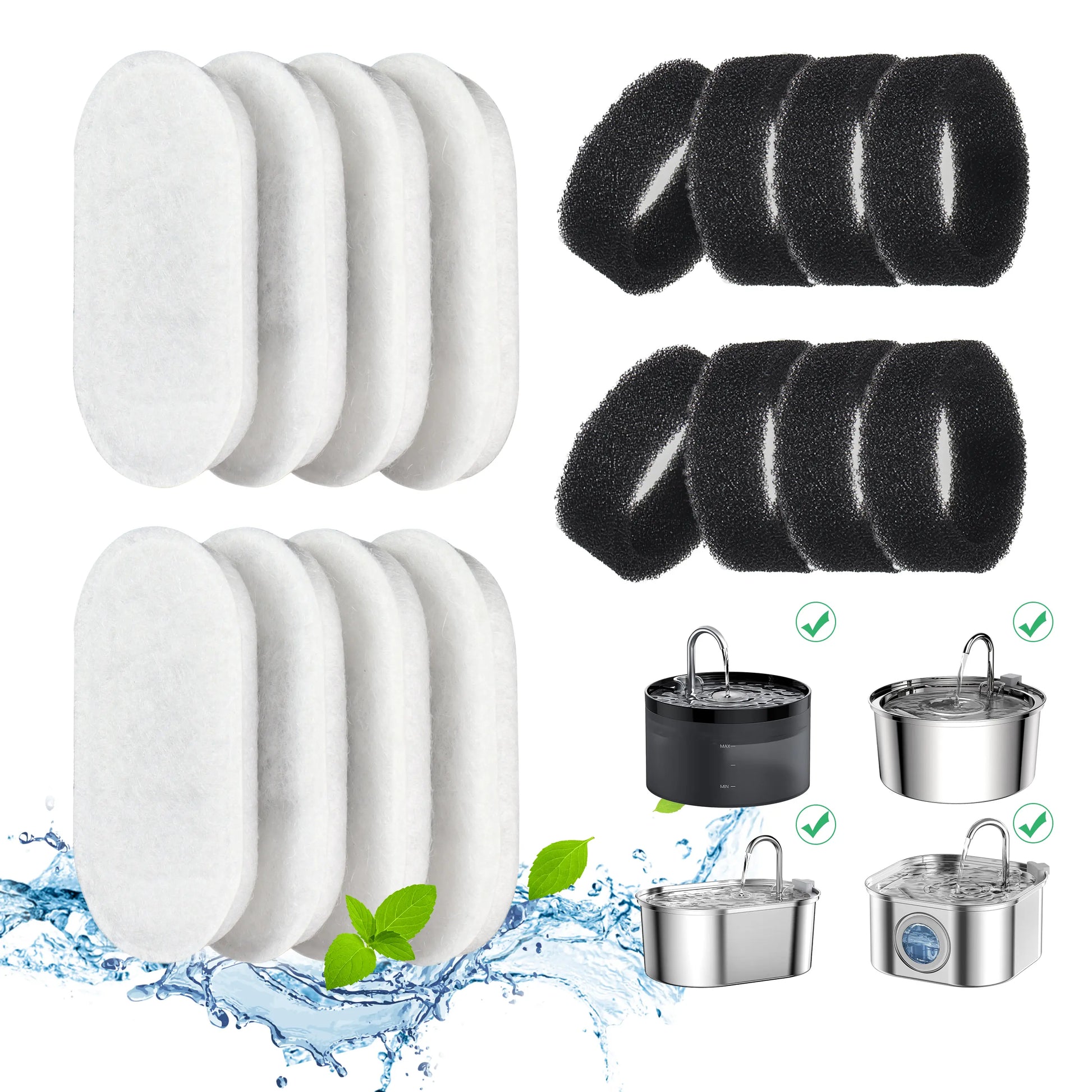 8-Pack Cat Fountain Filters – Compatible with 67Oz & 108Oz Stainless Steel Pet Fountains – 4 Carbon Filters + 4 Sponges for Clean, Fresh Wate | Not Applicable to Ceramic Fountain Water