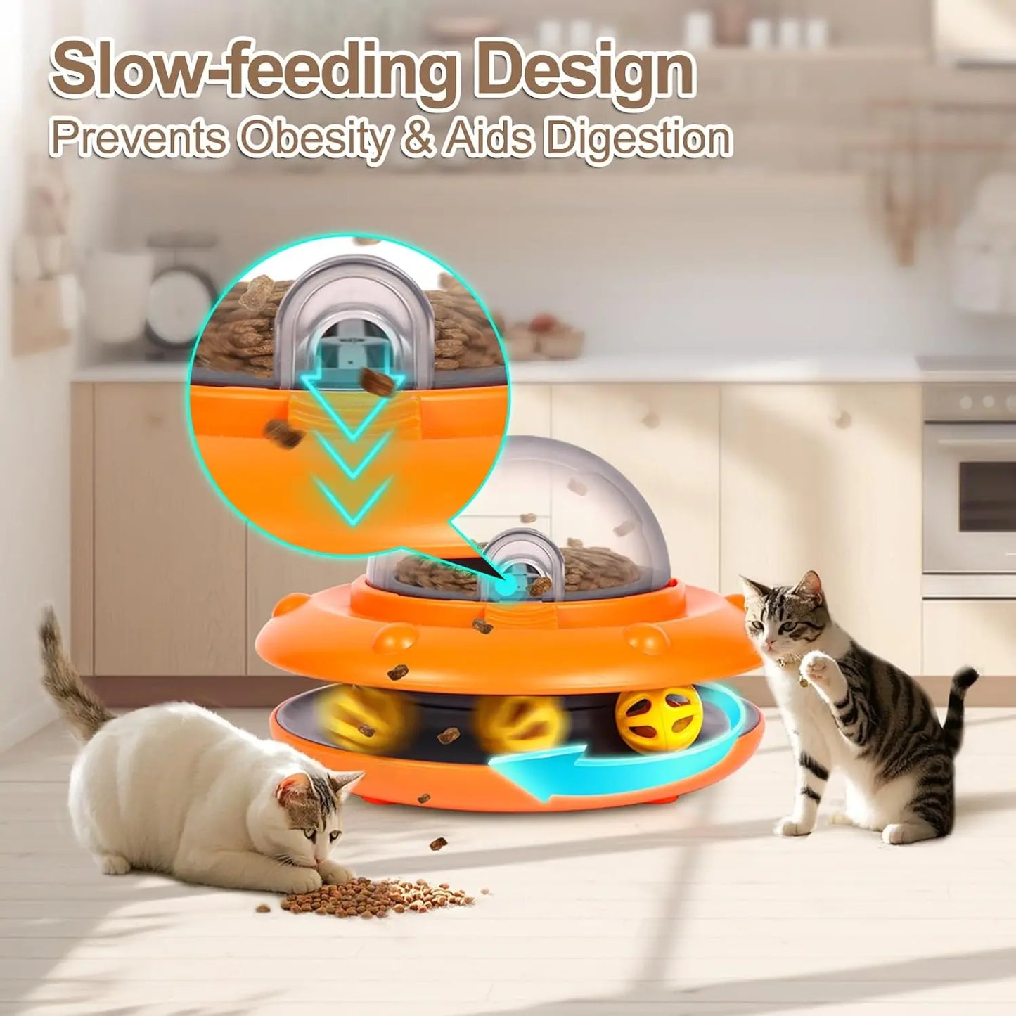Fanosy Interactive Cat Feeder - Auto Treat Dispenser Toy with Bell Ball Track & Adjustable Portals | Slow Eating Electric Automatic Puzzle Toy for Indoor Cats | USB-C Rechargeable 1800Mah