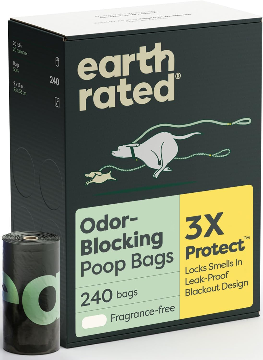 Earth Rated 3X Protect Dog Poop Bag Rolls, Odor Blocking, Unscented, 240 Ct | Leak Proof Extra Thick