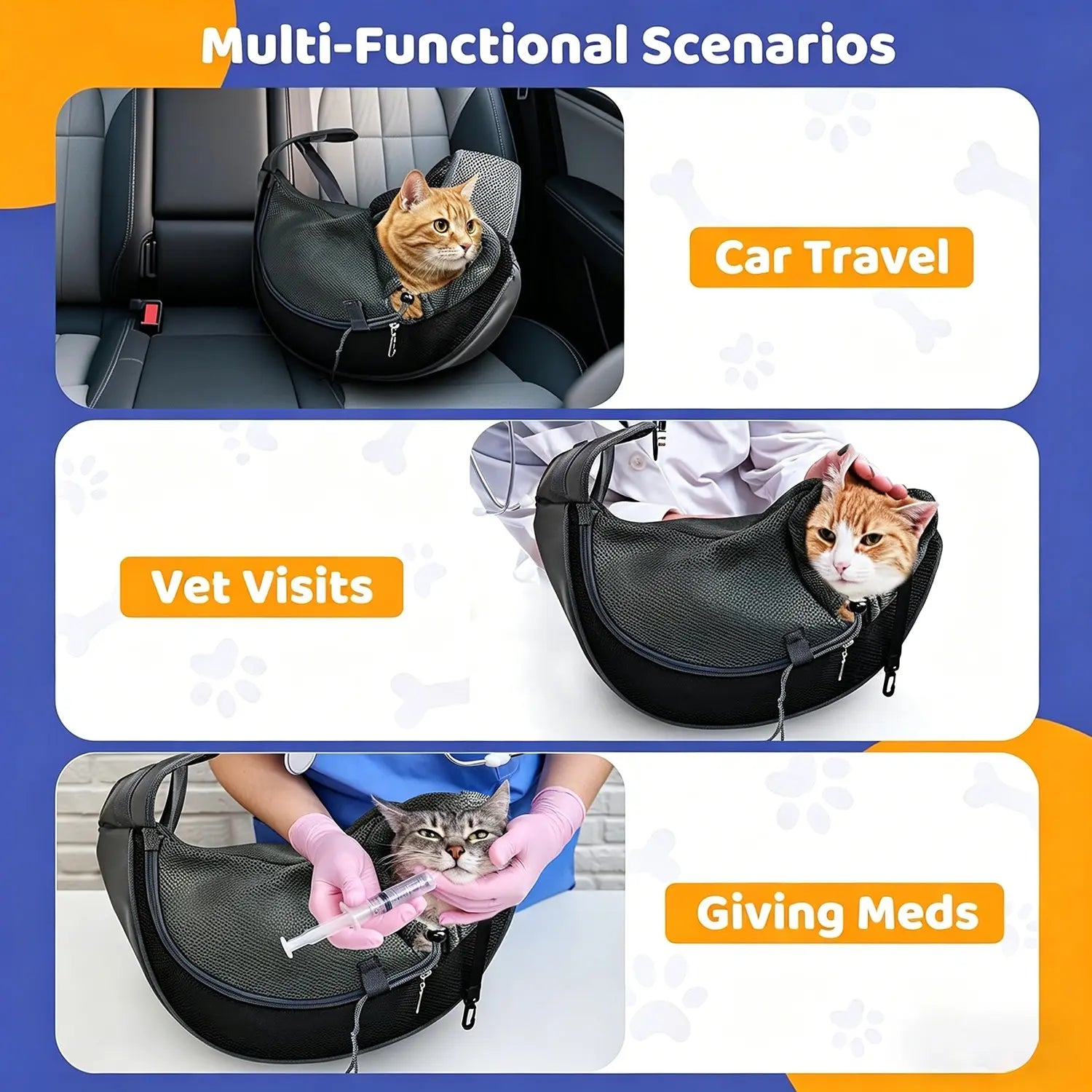 Pet Sling Carrier for Small Dogs & Cats – Hands-Free Puppy Carrier with Safety Hook, Large Zipper Pocket, Soft Breathable Mesh, Adjustable Strap，Crossbody Satchel Dog Pocket for Outdoor