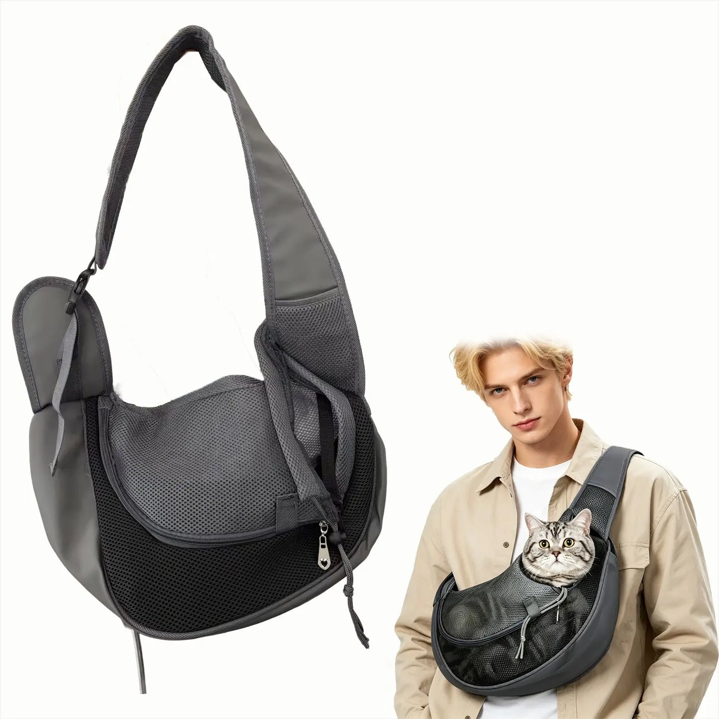 Pet Sling Carrier for Small Dogs & Cats – Hands-Free Puppy Carrier with Safety Hook, Large Zipper Pocket, Soft Breathable Mesh, Adjustable Strap，Crossbody Satchel Dog Pocket for Outdoor