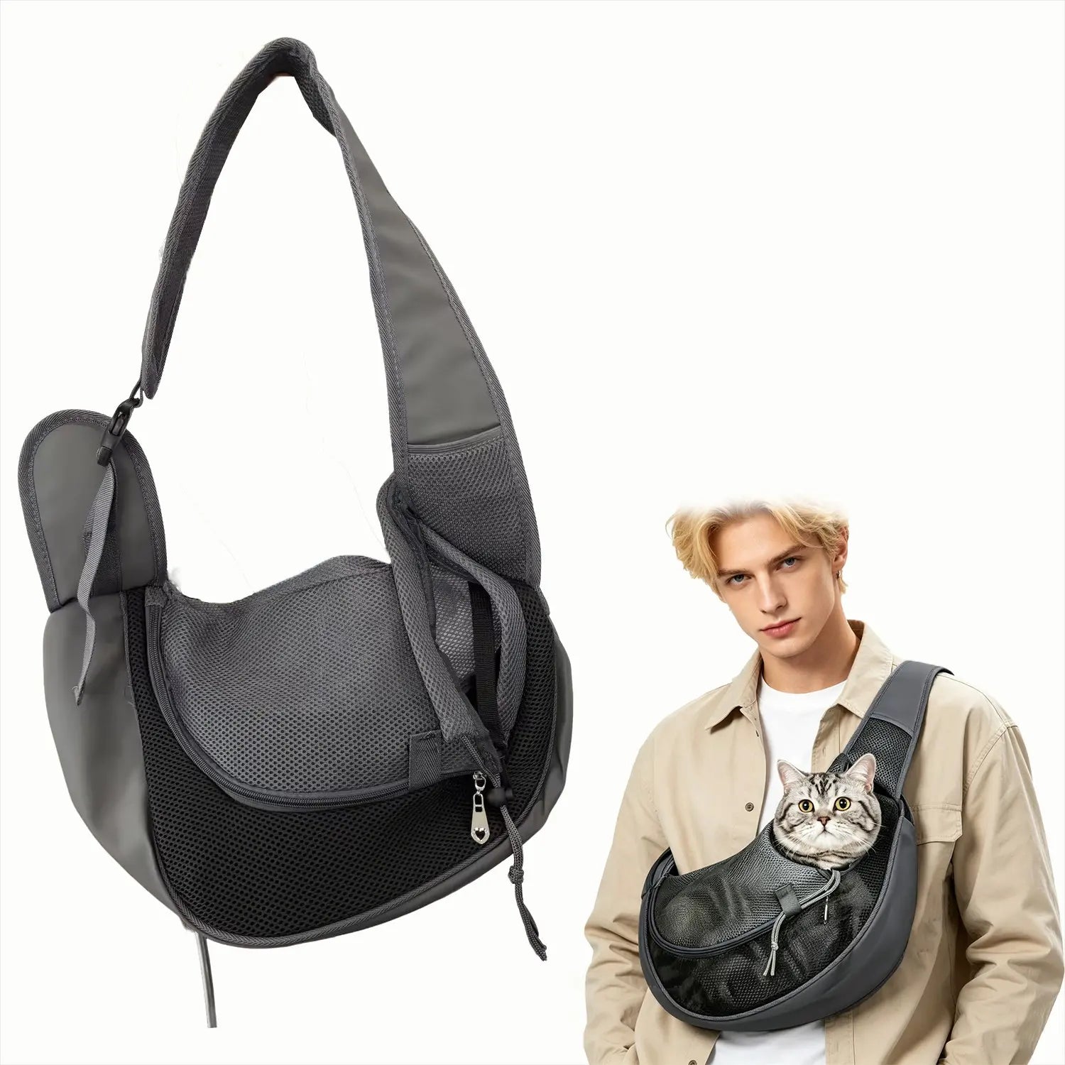 Pet Sling Carrier for Small Dogs & Cats – Hands-Free Puppy Carrier with Safety Hook, Large Zipper Pocket, Soft Breathable Mesh, Adjustable Strap，Crossbody Satchel Dog Pocket for Outdoor