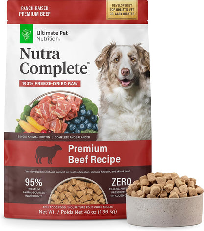 ULTIMATE PET NUTRITION Nutra Complete, 100% Freeze Dried Raw Veterinarian Formulated Dog Food with Antioxidants Prebiotics and Amino Acids (1 Pound, Beef)
