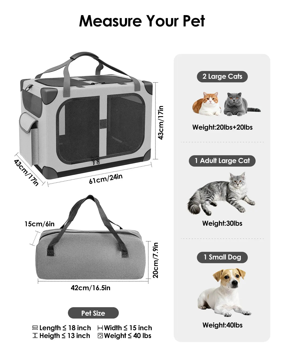 Extra Large Cat Carrier for 2 Cats, XL with Removable Divider, Foldable Soft-Sided Pet Carrier with Storage Tote, Portable Travel Crate for Large Cats, for Car & Home Use, 24" X 17" X 17"