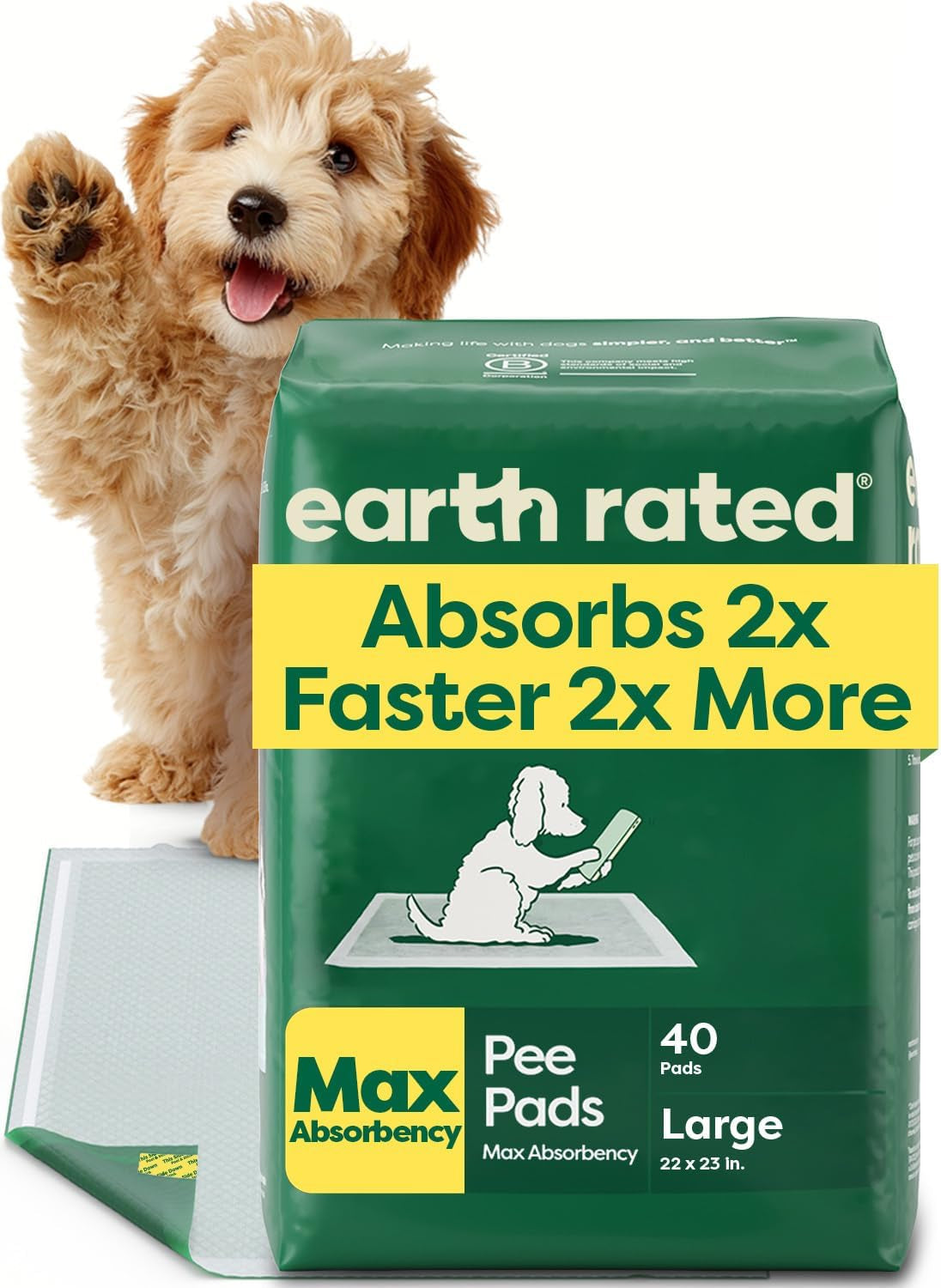 Earth Rated 40 Puppy Pads, Max Absorbency Pee Pads for Dogs, Regular (L) | Max Absorbency,Absorbs 2X Faster & 2X More, Leak Prevention, Potty Training, Fragrance-Free, Unscented