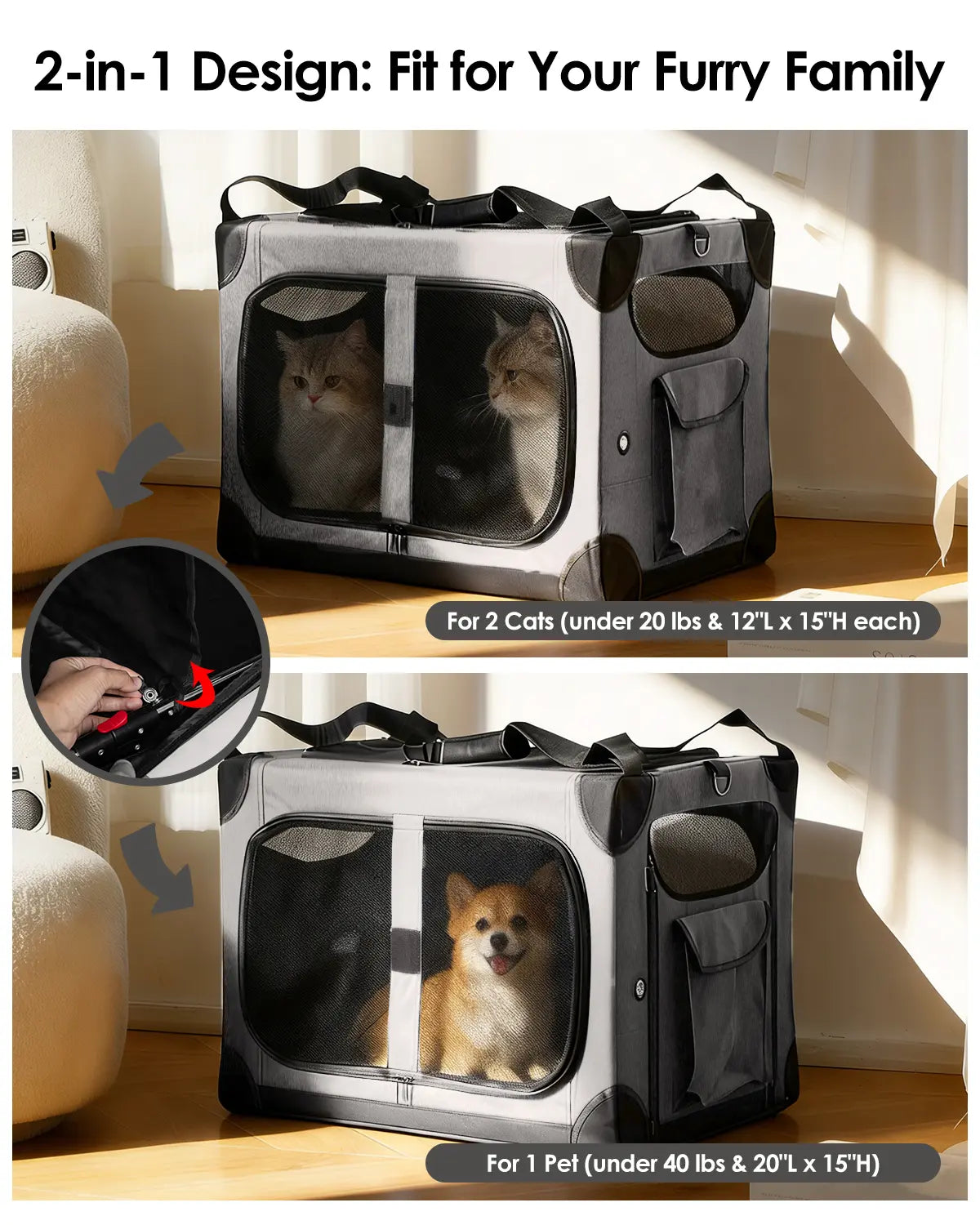 Extra Large Cat Carrier for 2 Cats, XL with Removable Divider, Foldable Soft-Sided Pet Carrier with Storage Tote, Portable Travel Crate for Large Cats, for Car & Home Use, 24" X 17" X 17"