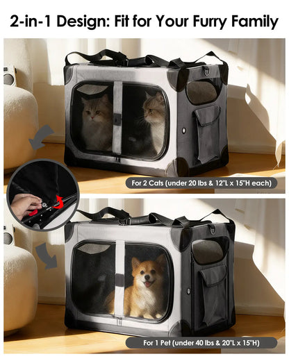 Extra Large Cat Carrier for 2 Cats, XL with Removable Divider, Foldable Soft-Sided Pet Carrier with Storage Tote, Portable Travel Crate for Large Cats, for Car & Home Use, 24" X 17" X 17"