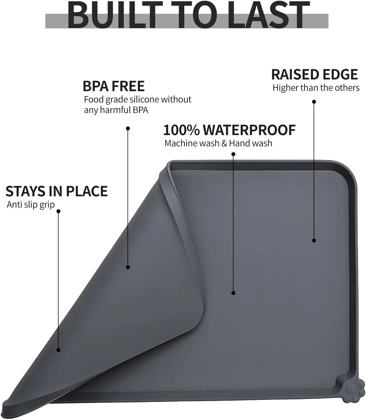 Premium Silicone Dog Food Mat,Dog Bowl Mat, Pet Food Pad- Anti-Slip Pet Food Mat for Dogs and Cats - Waterproof and Easy to Clean Gray-19 * 12IN