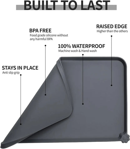 Premium Silicone Dog Food Mat,Dog Bowl Mat, Pet Food Pad- Anti-Slip Pet Food Mat for Dogs and Cats - Waterproof and Easy to Clean Gray-19 * 12IN