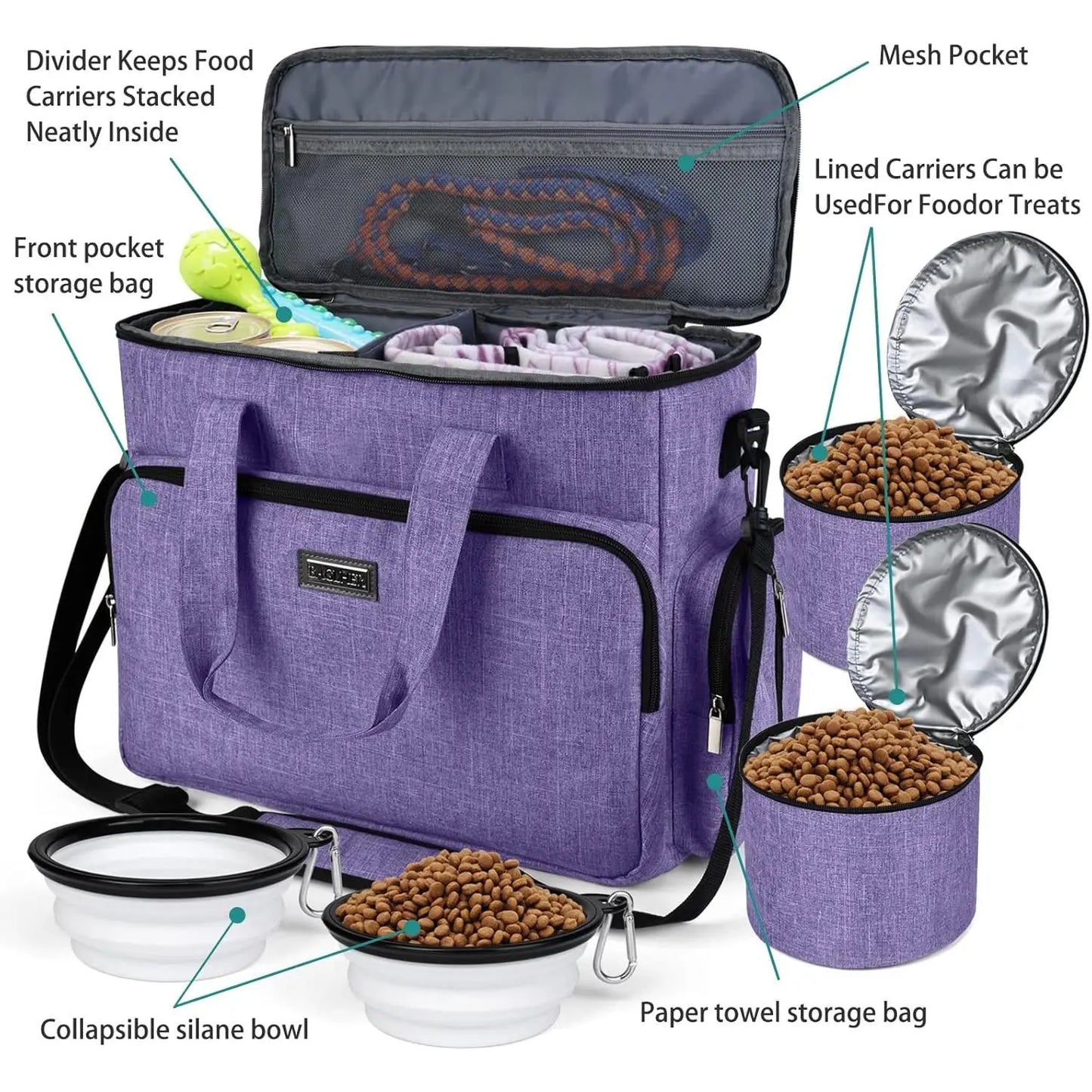 Weekend Pet Travel Handbag, Meeting Aviation Standards, Equipped with 2 Food Containers and 2 Foldable Silicone Bowls